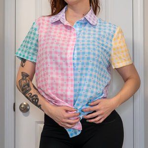 GINGHAM HEARTS COLOUR BLOCK CUTE AS A BUTTON SHIRT - LIMITED